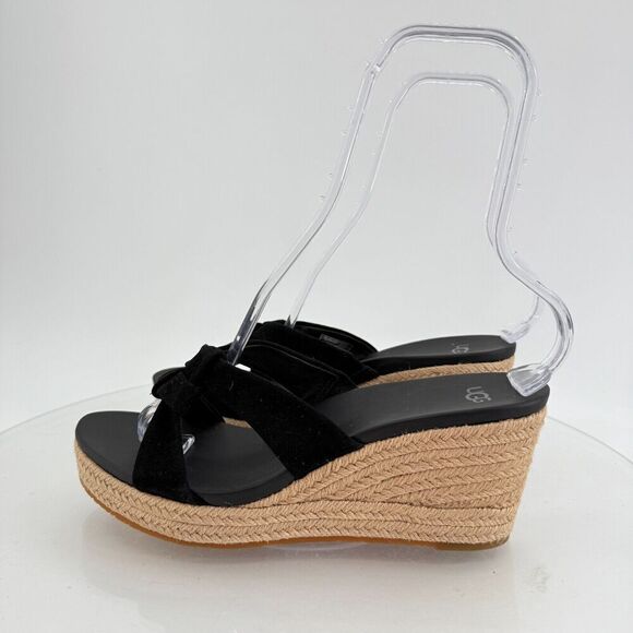 UGG Niyomee Espadrille Wedge Sandal Women's Size 10 Black Suede Leather Slide - Picture 11 of 14